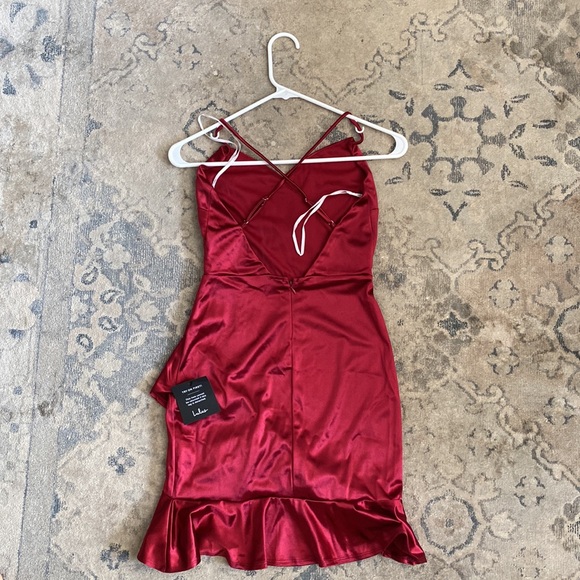 Romantic Nights Burgundy Satin Ruffled Bodycon Mini Dress - Picture 2 of 4